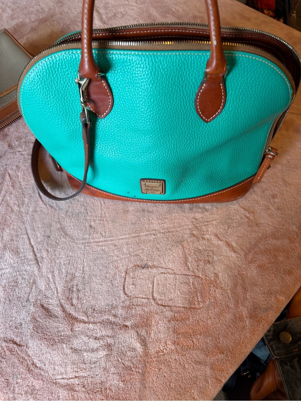 Dooney & Bourke Turquoise Pebbled Leather Satchel with Brown Trim